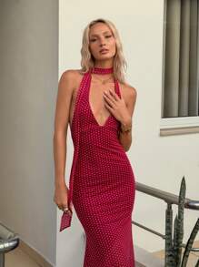 SHEIN ICON Fitted Polka Dot Print Deep V-Neck Tie Strap Backless Dress - Red - View 5