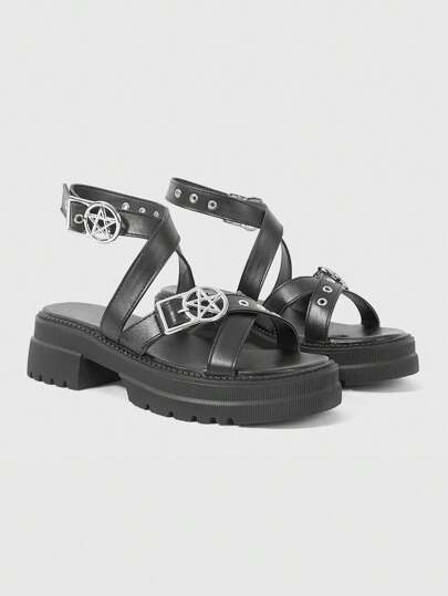 Grunge Punk Women's Black Roman Beach Sandals, Dark Chain Punk Rock Party Sandals, Summer Open-Toe Rivet Gothic Wedge Platform Sandals, Holiday Shoes