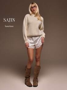 MUSERA Elasticated Satin Pull On Lace Trim Shorts Cute Summer Vacation Boho Cute Sunday Best Fall Autumn Winter