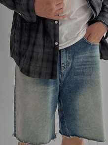 DAZY Summer Solid Blue Distressed Washed Men's Denim Shorts - Blue - View 2