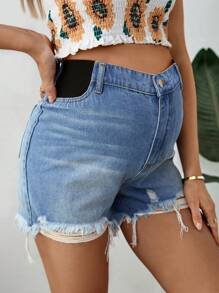 SHEIN Shorts vaqueros de maternidad, shorts azules rasgados de ajuste casual y delgado