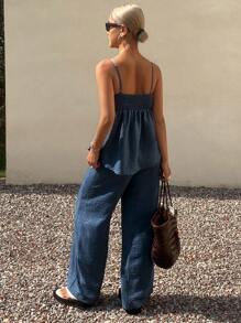 Livesso 2pcs Women's Summer Camisole And Long Pants Set Vacation - Navy Blue - View 4