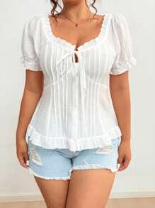 Flirla Plus Size Women's Summer French Heart Neck Knot Ruffle Blouse - White - View 5