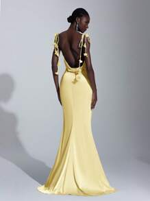 Elitara Elegant Satin Spaghetti Strap Draped Neck Backless Maxi Bridesmaid Dress With Flowy Draped Skirt