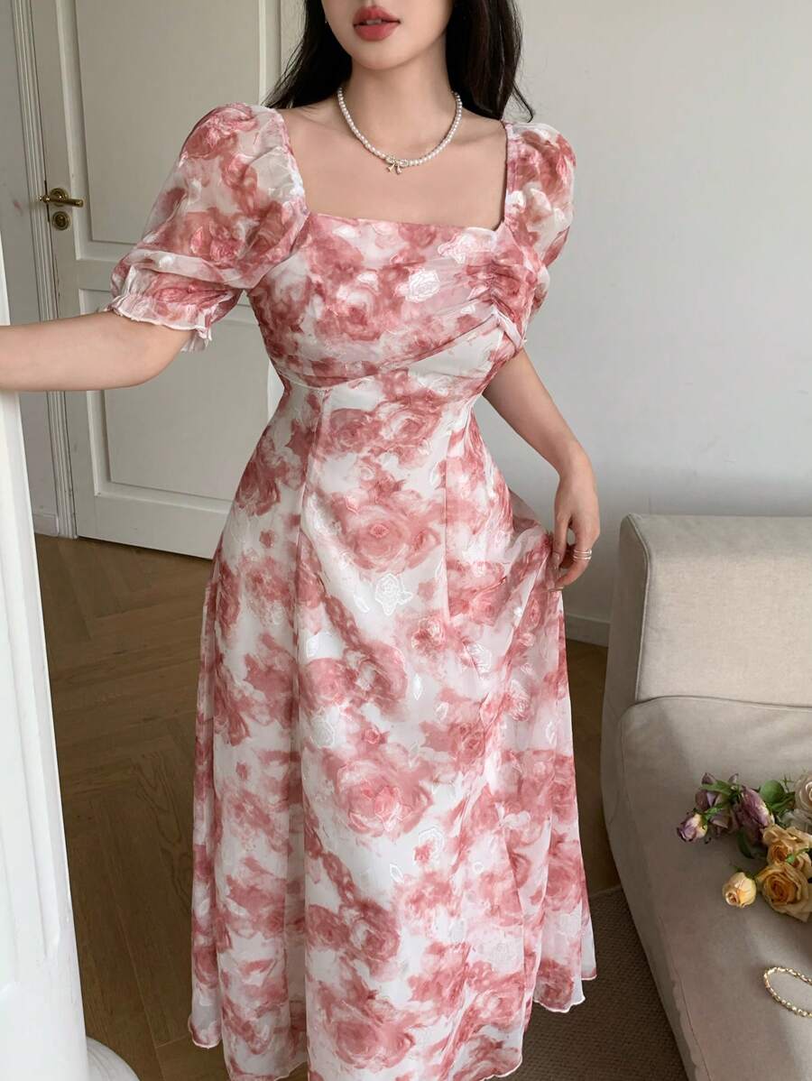 Modelyn Women's Floral Jacquard Textured Print Form-Fitting Midi Dress - Pink - View 1