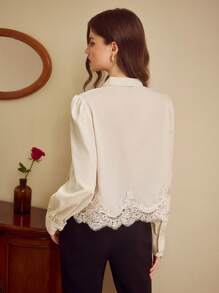 Vintamour 女式复古优雅刺绣撞色蕾丝 V 领蝴蝶结长袖衬衫，办公室商务装夏季度假乡村音乐会外出上衣