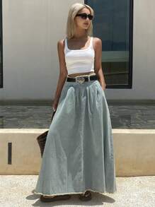 Livesso Summer New Loose Casual Distressed Denim Washed Umbrella Skirt For Women