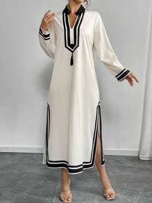 Elenzga Áo choàng dài tay cổ chữ V đi nghỉ thường ngày cỡ lớn cho nữ - Màu be - Xem 6
