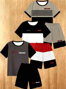 Young Boy Contrast Color Round Neck Short Sleeve T-Shirt And Shorts Set  For Summer