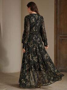 Anewsta Elaire Elegant Sequin Texture Vacation Casual Dress With V-Neck And Long Sleeves - Black - View 3