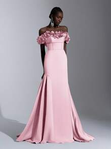 Elitara Elegant Luxurious Off Shoulder Ruched Satin 3D Floral Back Lace-Up Mermaid Hem Dress, Suitable For Wedding, Party, Prom, Banquet (Heavy Embroidery), Formal, Gown, For Evening, Wedding Guest - Baby Pink - View 5