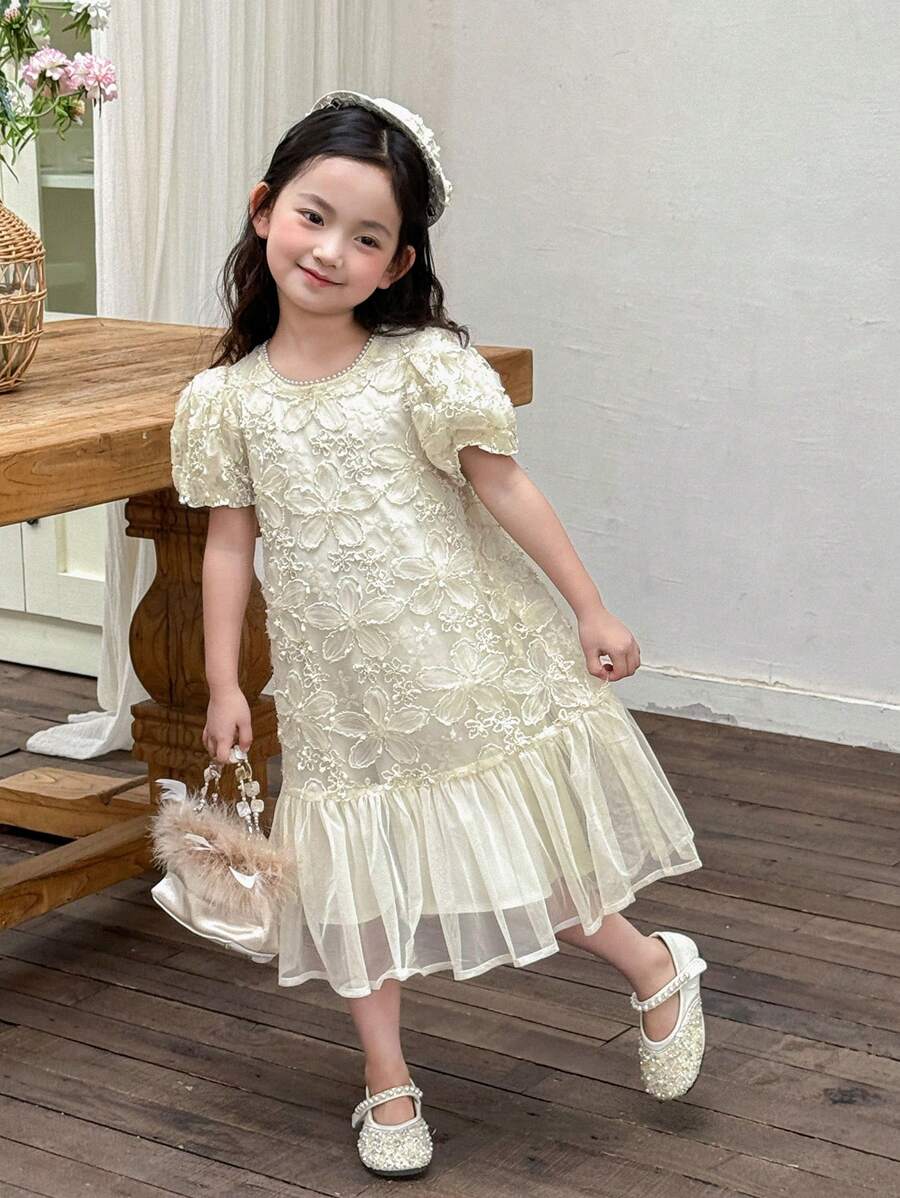 Dazy Kids 女童圆领休闲纹理网纱拼接花卉中长款夏季短袖派对生日连衣裙