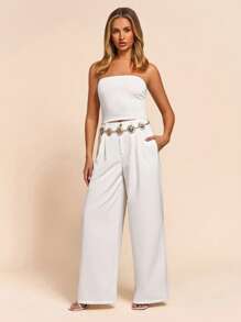 SHEIN PETITE White Color Tube Top, Date Night, Going Out Top, Basic Top, Beach,Summer Tube Top,Crop Tops,Summer Tops,White Top - White - View 1