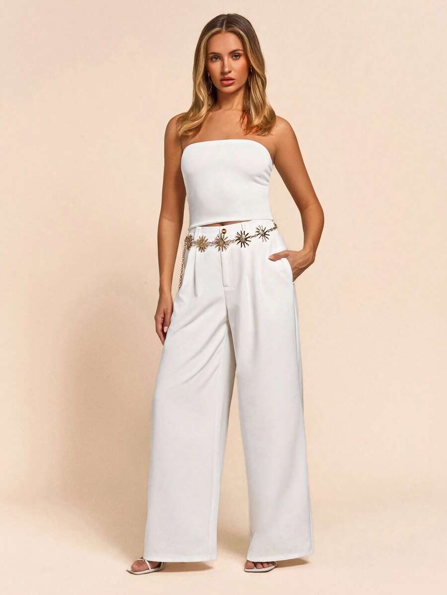 SHEIN PETITE White Color Tube Top, Date Night, Going Out Top, Basic Top, Beach,Summer Tube Top,Crop Tops,Summer Tops,White Top - White - View 1