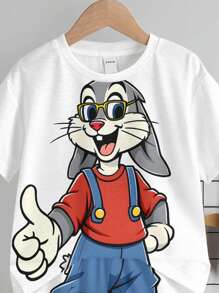 SHEIN 2pcs/Set Baby Boy Casual Rabbit Print Round Neck Short Sleeve T-Shirt And Shorts Set, Suitable For Summer - Multicolor - View 5