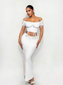 SHEIN Unity Summer Elegant Solid Color Drawstring Cropped Shirt - White - View 3