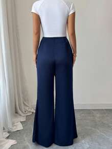 Elenzga Pantaloni eleganti a gamba larga di colore unito, alla moda per l'estate - Blu Navy - Visualizzare 2