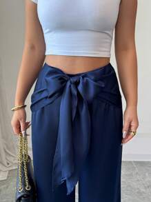 Elenzga Pantaloni eleganti a gamba larga di colore unito, alla moda per l'estate - Blu Navy - Visualizzare 7