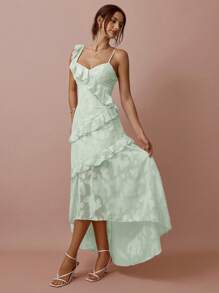 Enchnt Vestido de mujer con hombro asimétrico de volantes y bajo asimétrico de unicolor - verde menta - Ver 3