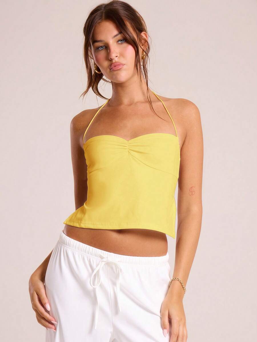 MUSERA 露背吊带褶皱胸前上衣，优雅毕业季假日少女风秋季节日嘉年华装扮 - 黃色 - 查看 1