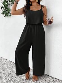SHEIN Frenchy Plus Size Casual Vacation Textured Solid Color Jumpsuit - Black - View 1