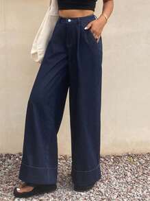 DAZY 春季女士宽松休闲纯色牛仔裤，夏季 - 藍色 - 查看 6