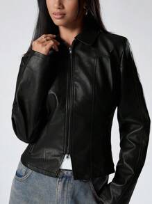 SHEIN EZwear 大码女式纯色长袖休闲PU皮夹克，带双拉链 - 黑色 - 查看 7