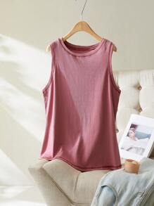 CosyJoli Plus Size Casual Summer Sleeveless Top With Contrasting Stitching - Dusty Pink - View 3