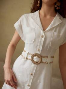 MOTF PREMIUM WOMEN'S LINEN BELTED EYELET EMBROIDERY DRESS, SUMMER VACATION, WHITE DRESS - Beige - View 3