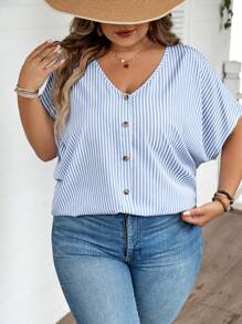 SHEIN CURVE+ Plus Size Striped Print V-Neck Front Button Casual Short Sleeve Shirt Summer/Country/Beach Vacation/Beach Wear - Blue and White - View 3