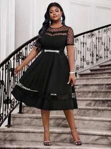 SHEIN Lady Plus Size Elegant Polka Dot Mesh Patchwork Dress - Multicolor - View 6