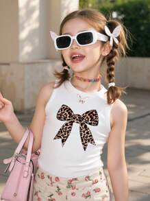 Young Girl Casual Minimalist Cartoon Leopard Print Bow Pattern Sleeveless Round Neck Top, Suitable For Summer - Multicolor - View 3