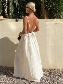 Livesso 女士纯色露背系带休闲中长吊带连衣裙，适合度假穿着 - 白色 - 查看 6