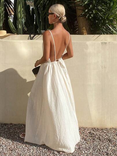 Livesso Women's Solid Color Open Back Lace Up Design Casual Midi Camisole Backless Dress Summer Women Dresses Sundress