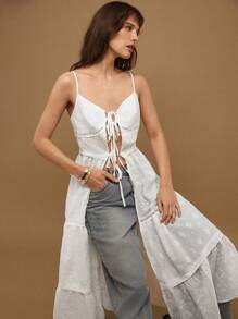 Maija Women's White Embroidered Camisole Top, V-Neck Adjustable Spaghetti Strap, Casual Beach Vacation Long Tank Top, Summer - White - View 4