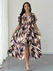 SHEIN Unity 大码女式全身蝙蝠印花性感深V领度假连衣裙