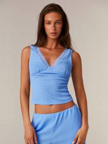 Athîral Damski letni swobodny, jednokolorowy, koronkowy top bez rękawów - Niebieski - Zobacz 4