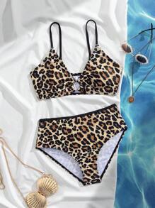 Girls Leopard Print Swimsuit Set, Cute Ruffled 2pcs Swimwear For Beach Vacation - Multicolor - View 3