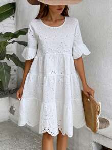 Breezaya Women's Vacation Casual Solid Color Hollow Out Embroidery Dress