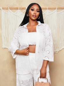 BamGleam Women Vacation Casual Solid Hollow Out Embroidered Blouse - White - View 7
