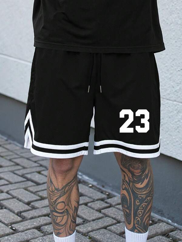 Manfinity EMRG Pantalones cortos de baloncesto casuales y sueltos con estampado numérico y cordón en la cintura para volver al colegio