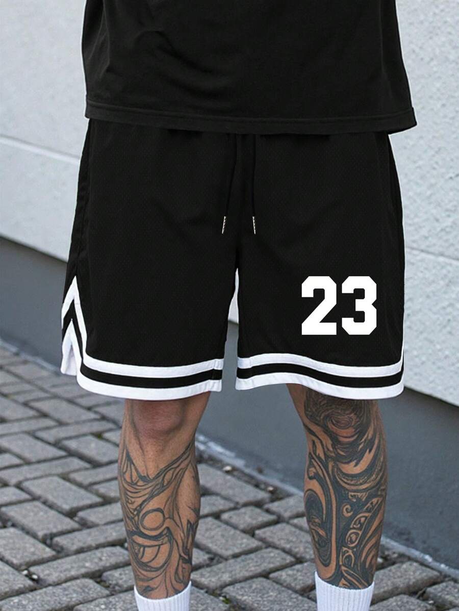 Manfinity EMRG 男士数字印花抽绳腰部宽松休闲篮球短裤