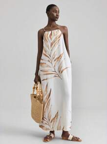 Ontre Women's Teacher Outfit, New Design 2025, Independence Day, Women's Airport Casual Wear, Holiday Style, Print Pattern, Spaghetti Strap Design, Beaded Design, Women's Maxi Dress, Oversized Fit, Side Slit, Straight Skirt, Summer Clothing, Daily Wear, Holiday Dress Palm Tree Dress Island Dress Flow Dress Silk Dresses Resort Wear