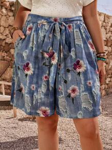 EMERY ROSE Plus Size Women's Summer Vacation Floral & Ripped Print Elastic Waist Belt Loose Shorts,Casual Holiday Style, Casual Holiday Outfits, Summer Fashion, Women's Summer Outfits, Mother's Day Outfits, Country Concert Outfits, Women's Boho Outfits, Women's Western Outfits, Women's Holiday Outfits, Women Summer Clothing Women Plus Clothing Business Casual Woman S Summer Clothes Women Plus Clothing Formal - Blue - View 3