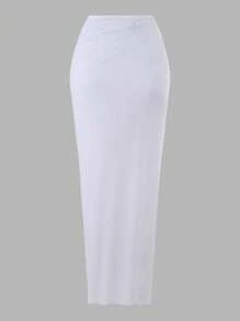 Swim Oasis 2pcs/Set New 2025 Women Solid Color Halter Swimsuit & Mesh Long Skirt Beach Resort Summer Swimsuit Outfit White - White - View 4