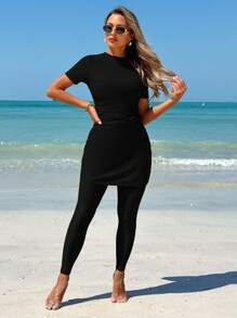 Swim Shayni 2 pièces Ensemble d'été pour femmes, Top à col rond à manches longues et pantalon ajusté, tenue de plage conservatrice