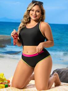 Swim Lushoire 加大码欧美风格拼色露背比基尼性感泳装 - 彩色 - 查看 6