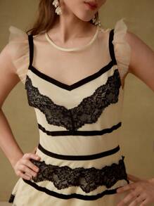 MOTF PREMIUM BLACK & WHITE CONTRAST LACE PATCHWORK ELEGANT CAKE DRESS - Apricot - View 2