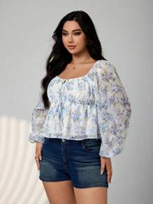 SHEIN ICON 大码女式花卉印花灯笼袖前系带休闲T恤 - 藍白色 - 查看 7
