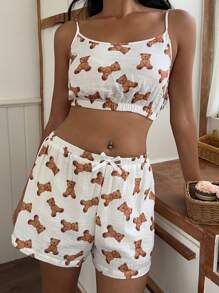 SHEIN EZwear New Ladies Bear Print Tank Top And Shorts/Trousers 3 Sets, Suitable For Daily Home, Cute Cartoon Clothes Suitable For Summer